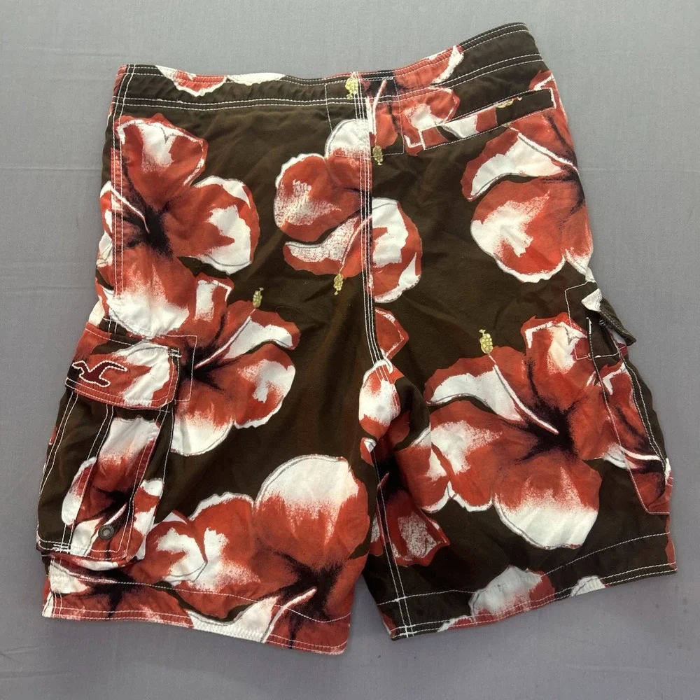 Hollister Mens Floral Orange/Brown Swim Trunks Board Shorts Size Medium Surf Y2K